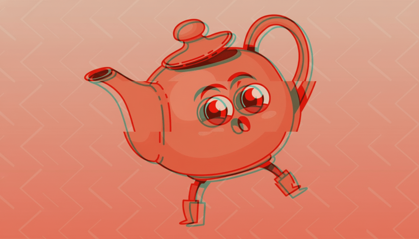 Profession ally enhanced and resized image of a quirky , red teapot with a gl itched effect, standing on small legs, against a peach background with subtle chevron patterns. Filename : quirky gl itchedteapot professional .png