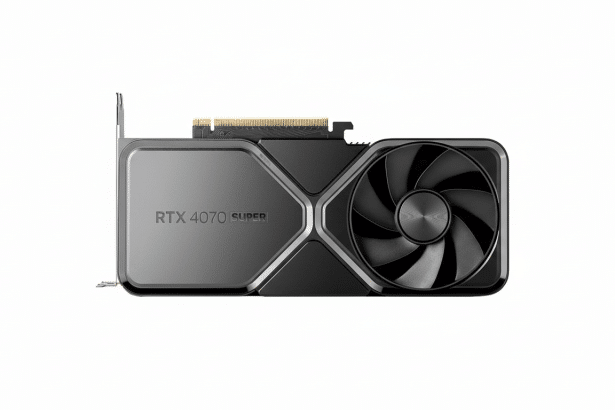 An RTX 407 0 Super graphics card with a grey and black design, featuring a large fan on the right side.