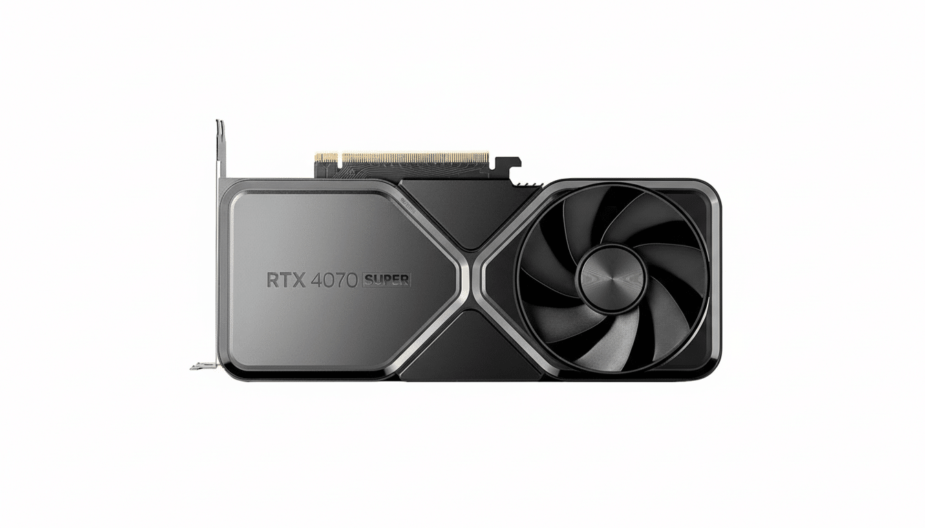 An RTX 407 0 Super graphics card with a grey and black design, featuring a large fan on the right side.