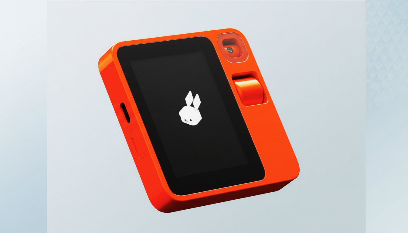 A bright orange, rectangular device with a black screen displaying a white rabbit logo, presented on a professional flat design background with soft patterns and gradients.