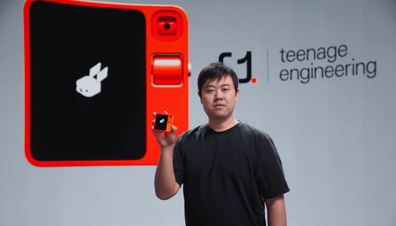 A man in a black t-shirt holds up a small orange device, standing in front of a large display featuring a similar device and the teenage engineering logo.