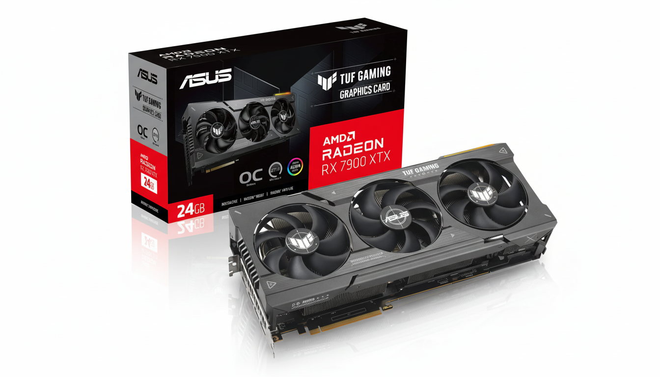 A professional image of an ASUS TUF Gaming AMD Radeon RX 7900 XTX graphics card and its retail box, presented on a clean white background.