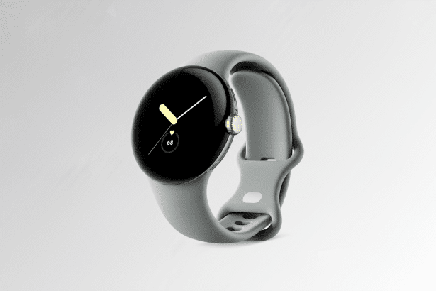 A Google Pixel Watch in a grey band and rose gold casing , showing a watch face with a yellow hour hand, white minute hand, and a heart rate of 68, presented on a subtle gradient background.