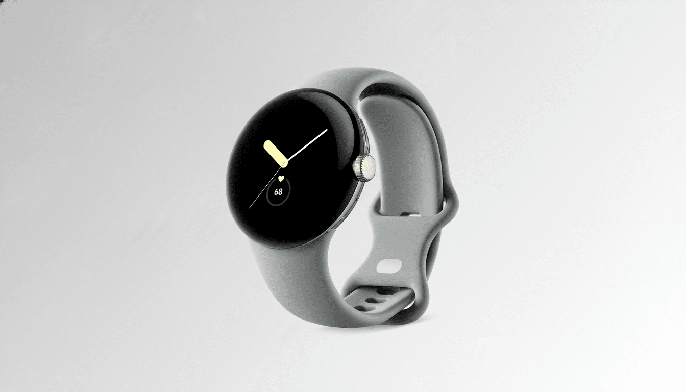 A Google Pixel Watch in a grey band and rose gold casing , showing a watch face with a yellow hour hand, white minute hand, and a heart rate of 68, presented on a subtle gradient background.
