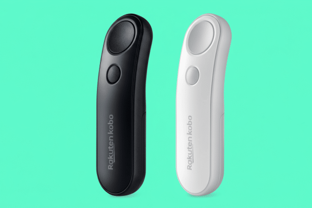 A black and white Rakuten Kobo remote on a teal background, resized to a 16: 9 aspect ratio.