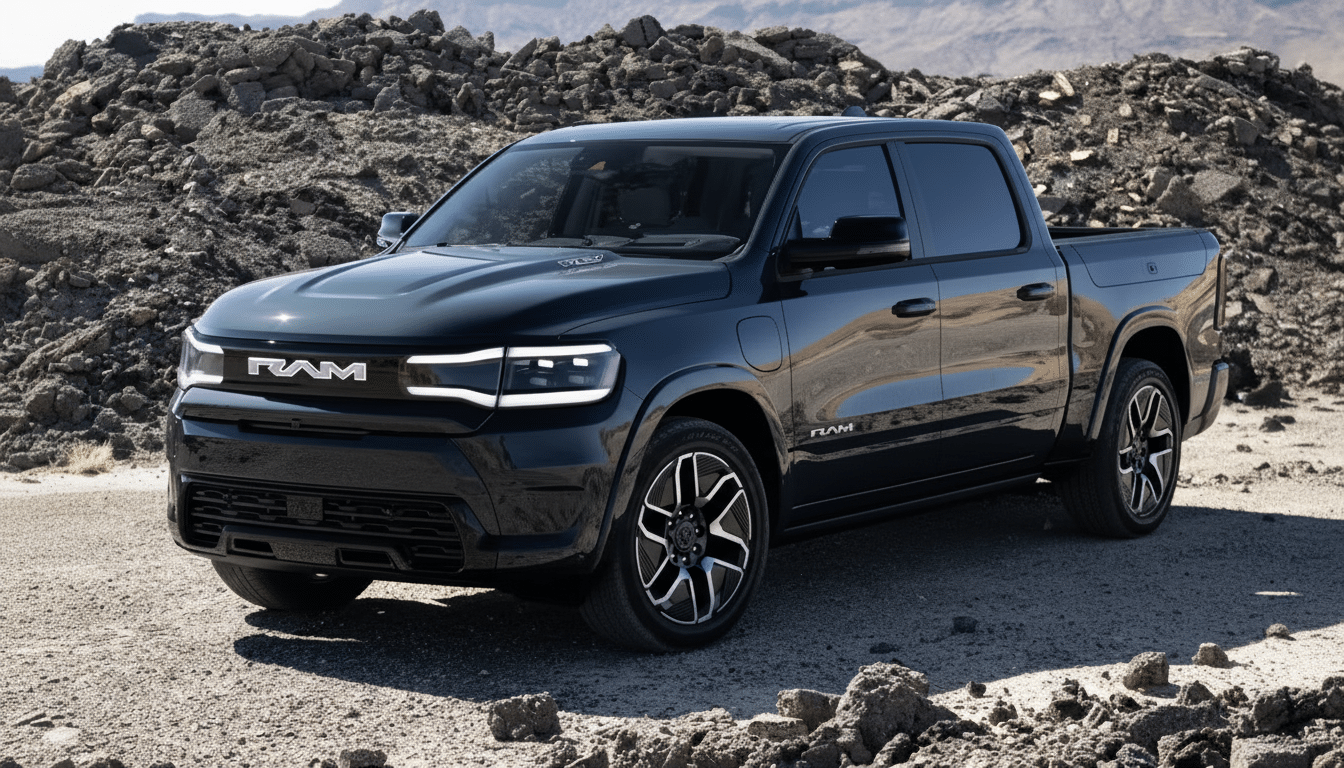 A dark grey RAM truck parked on a rocky, uneven terrain with a mountain range in the background, enhanced and resized to a 16: 9 aspect ratio.