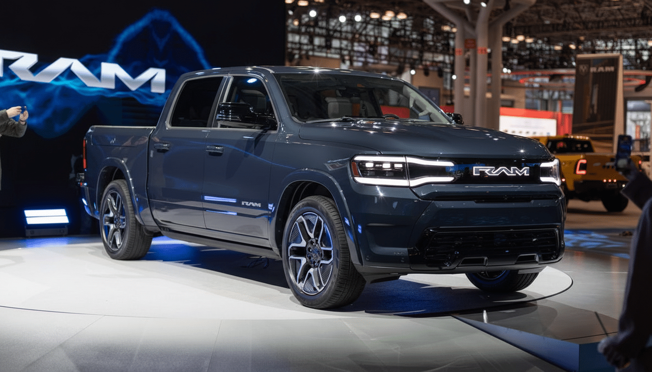 A dark blue Ram truck on display at a car show, with RAM illuminated on the front grille.