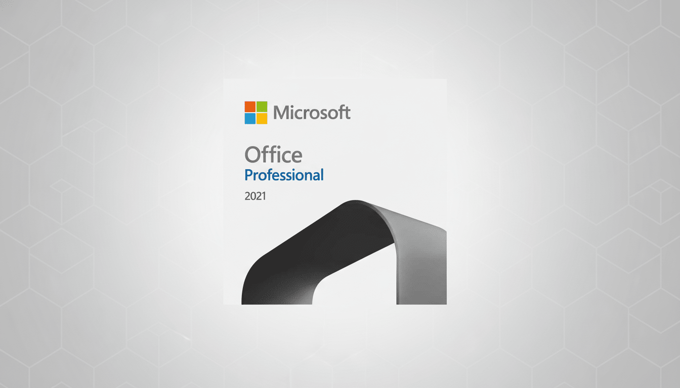 ** Microsoft Office Professional 2 021 product box on a soft grey geometric patterned background. **