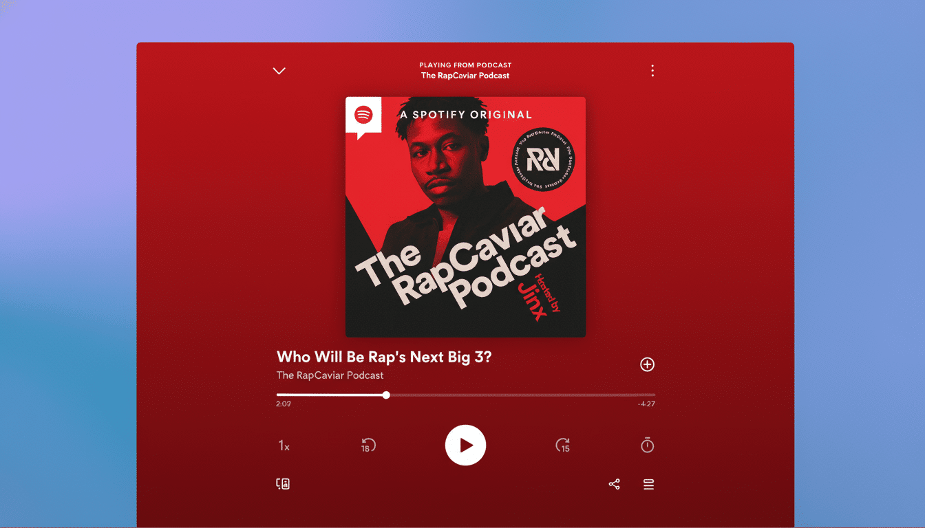 A screenshot of the Spotify desktop app showing  The RapCav iar Podcast playing , featuring an image of a man on the album art . The interface is predominantly red, displaying the podcast title  Who Will Be Rap 's Next Big 3?