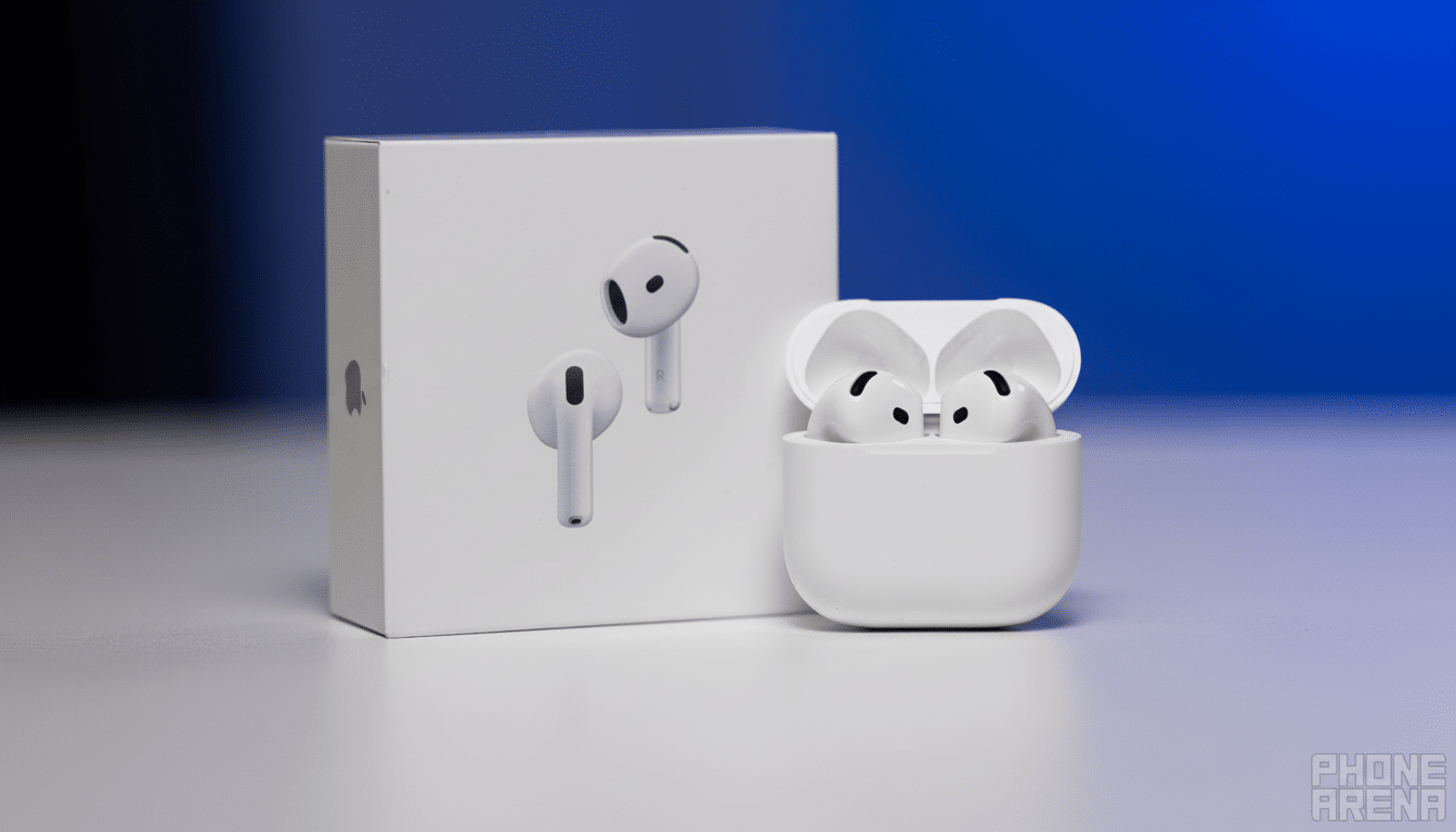 Apple AirPods Pro 2 with charging case and retail box on a table with a blue background.