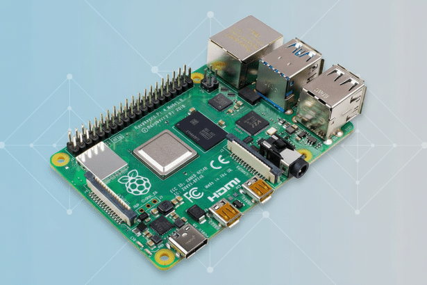 A Raspberry Pi 4 Model B microcomputer shown on a professional flat design background with a soft blue gradient and subtle geometric patterns.
