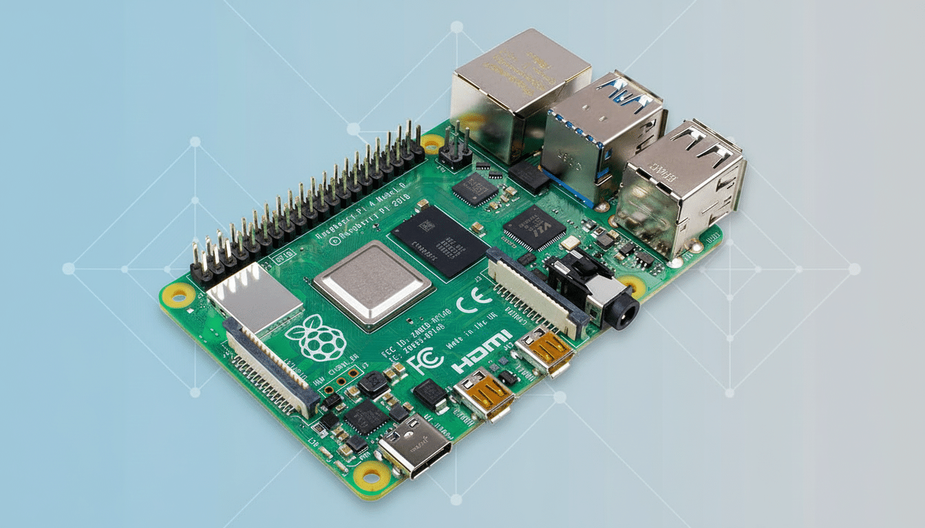 A Raspberry Pi 4 Model B microcomputer shown on a professional flat design background with a soft blue gradient and subtle geometric patterns.