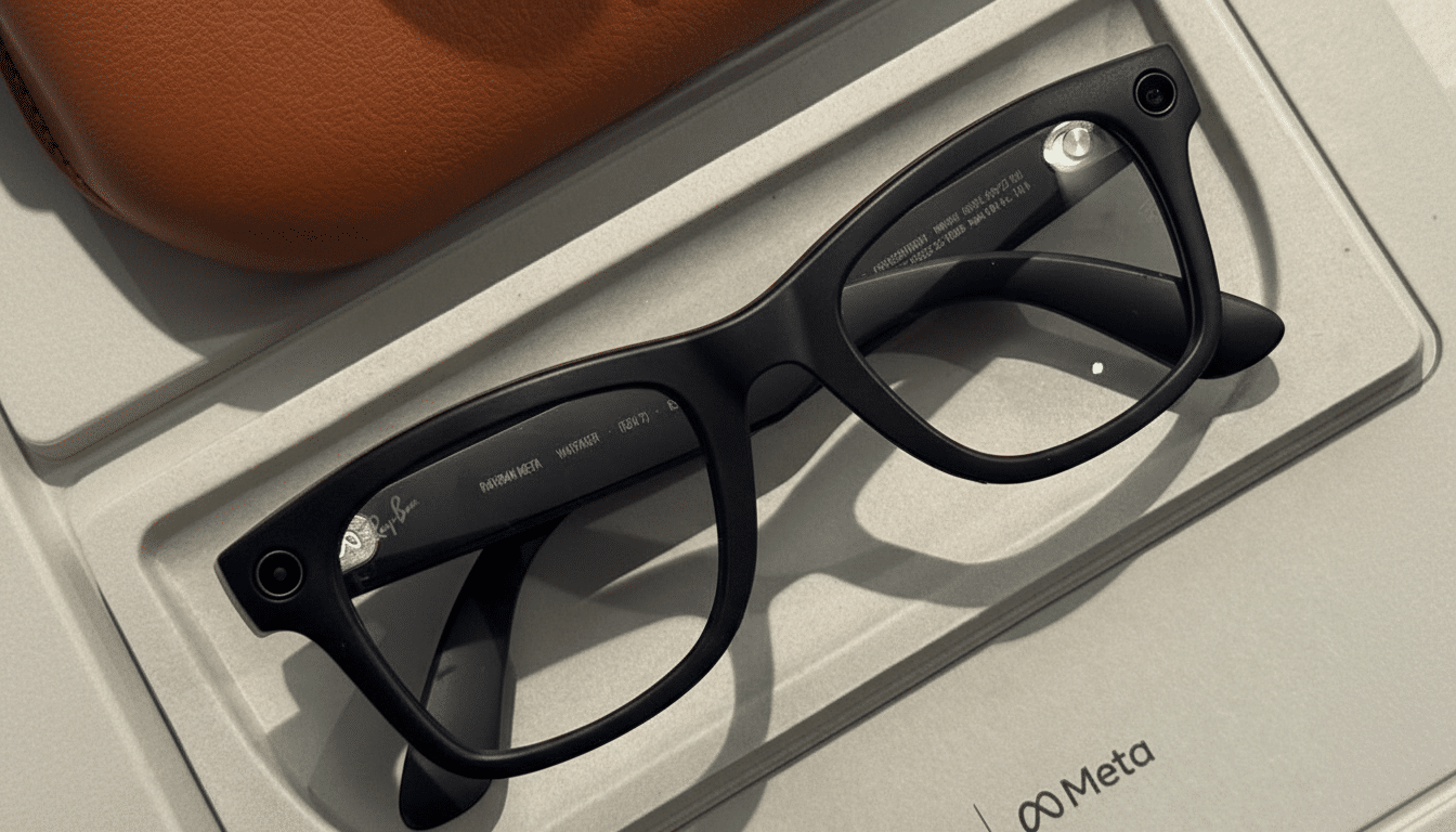 Black Ray-Ban Meta smart glasses resting on a light gray display stand , with a brown leather case partially visible in the background and the Meta logo in the bottom right.