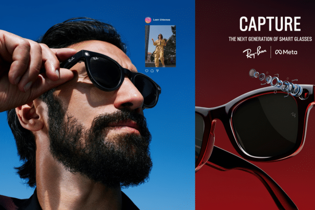 A man with a beard adjusts his Ray-Ban smart glasses, looking up at a blue sky, while an overlaid image shows a social media post featuring another person. The right side of the image displays a close-up of the Ray-Ban smart glasses with CAPTURE THE NEXT GENERATION OF SMART GLASSES and Ray-Ban x Meta branding on a red background.