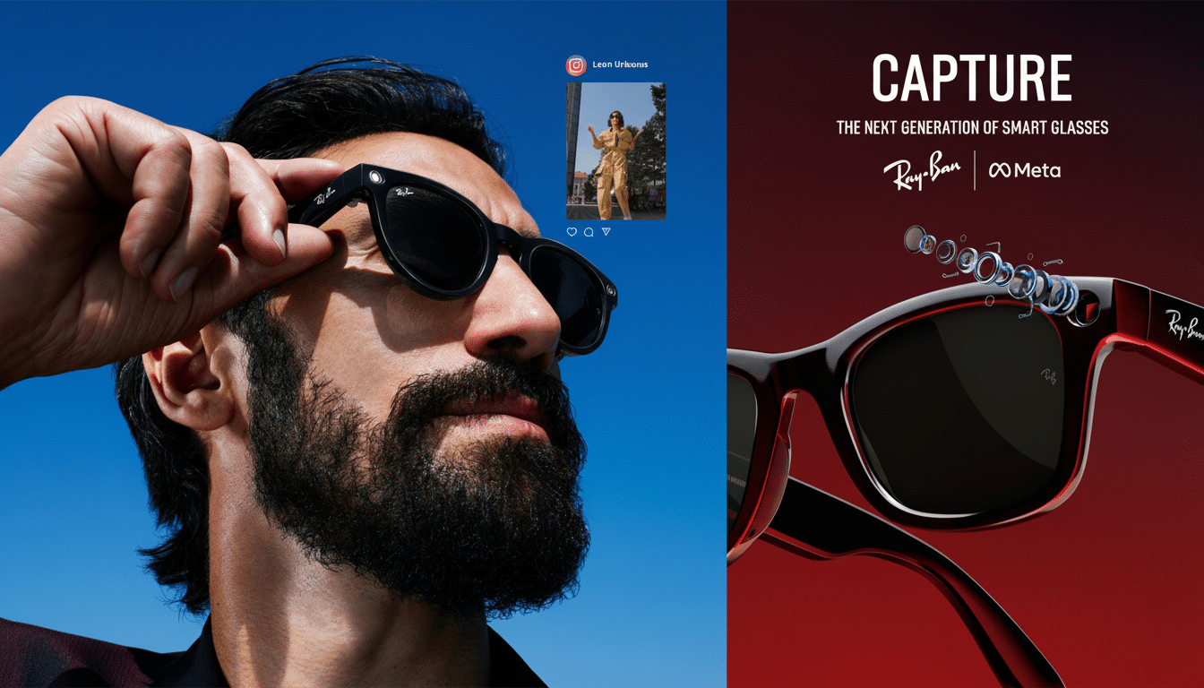 A man with a beard adjusts his Ray-Ban smart glasses under a blue sky, while an inset shows a social media post with a person in a yellow outfit. On the right, a close -up of Ray -Ban Meta smart glasses with technological components highlighted , against a dark red background with CAPTURE THE NEXT GENERATION OF SMART GLASSES Ray -Ban | Meta text.