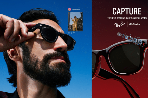 A man with a beard adjusts his Ray-Ban smart glasses, looking up at a clear blue sky, with an Instagram feed overlay and a promotional image of the smart glasses on the right .