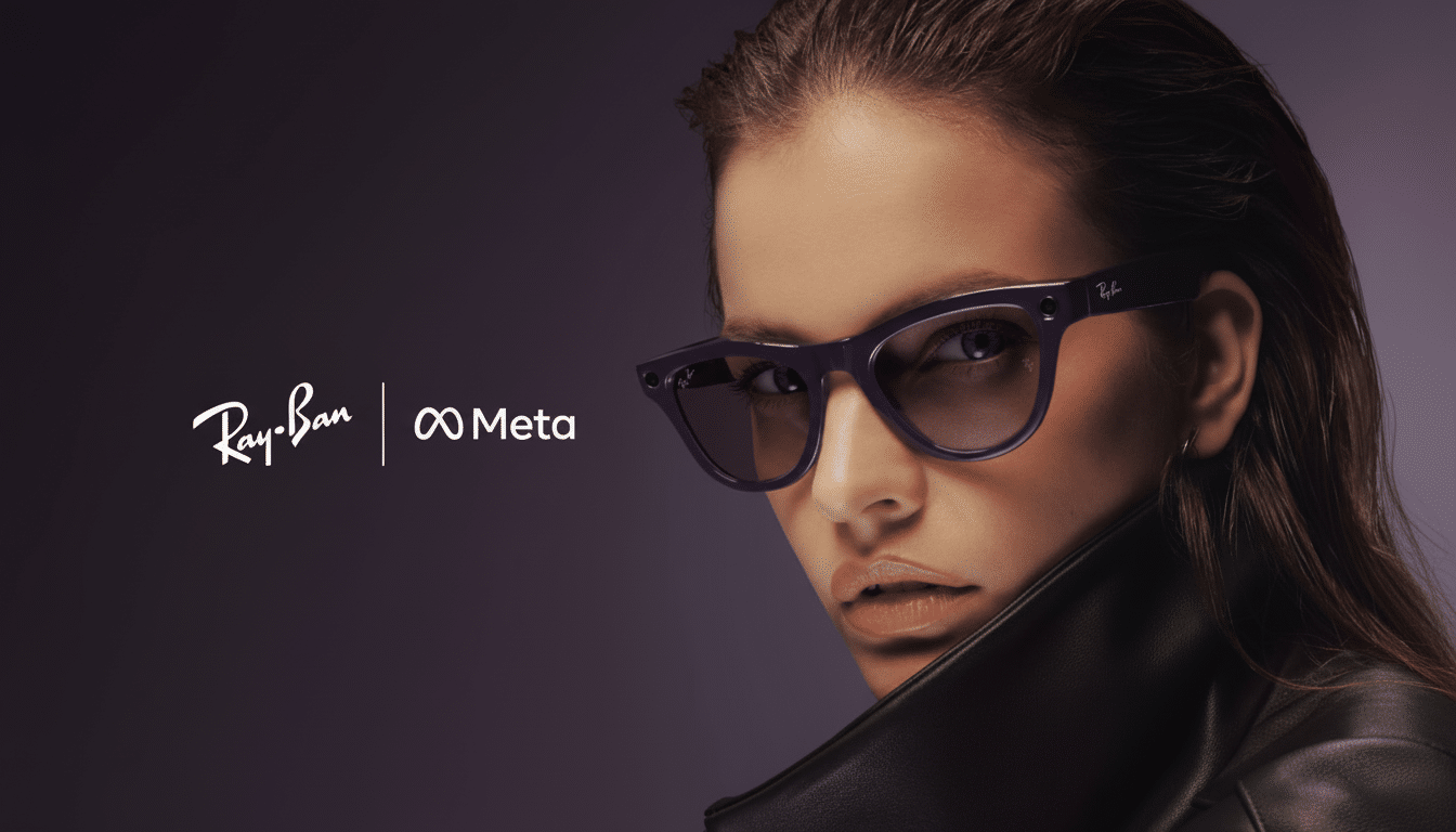 A woman wearing purple Ray-Ban Meta smart glasses looks directly at the viewer . The Ray -Ban and Meta logos are visible in the upper left corner .