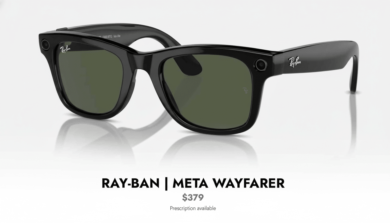 Black Ray -Ban Meta Way farer smart glasses with dark lenses on a white background with product text. Filename : rayban metaway farerglasses .png
