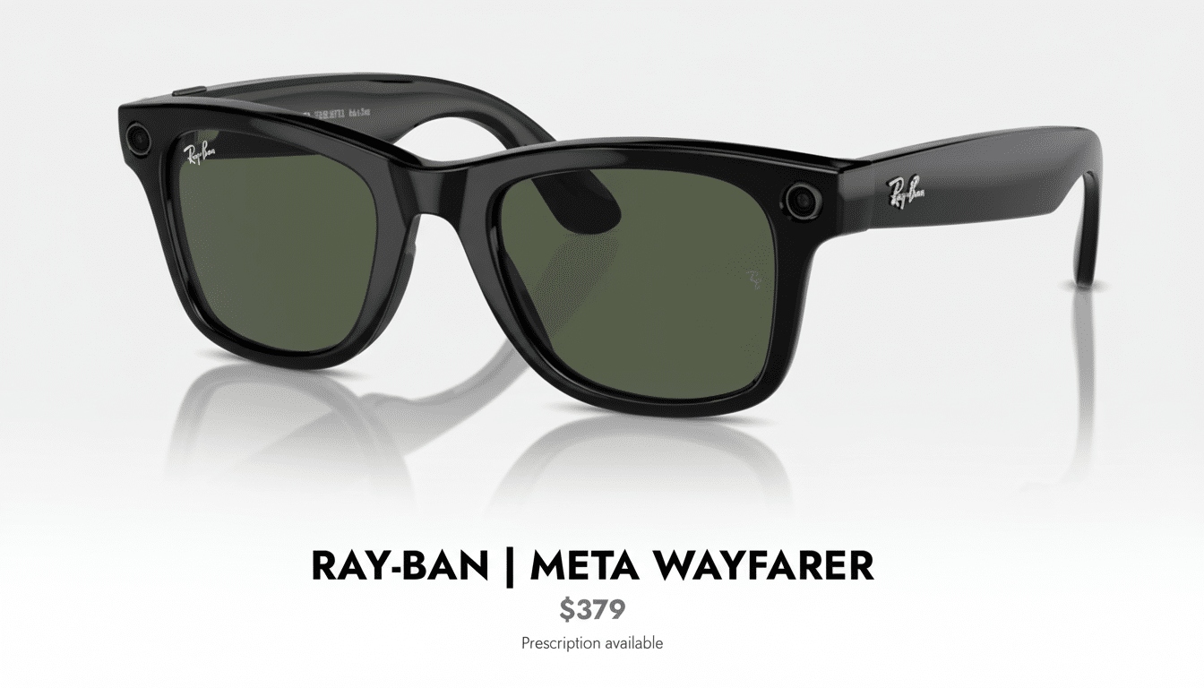 Black Ray -Ban Meta Way farer smart glasses with dark green lenses and small cameras on the top corners of the frames, presented on a white background with a subtle reflection and product text below .