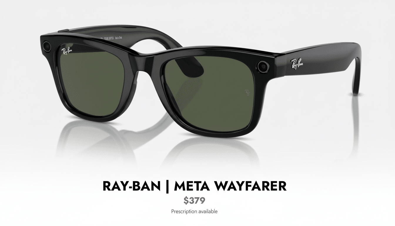 A professional image of black Ray-Ban Meta Wayfarer smart glasses with dark green lenses on a white background with a subtle shadow , with  RAY-BAN | META WAYFARER  and  79 text below it .