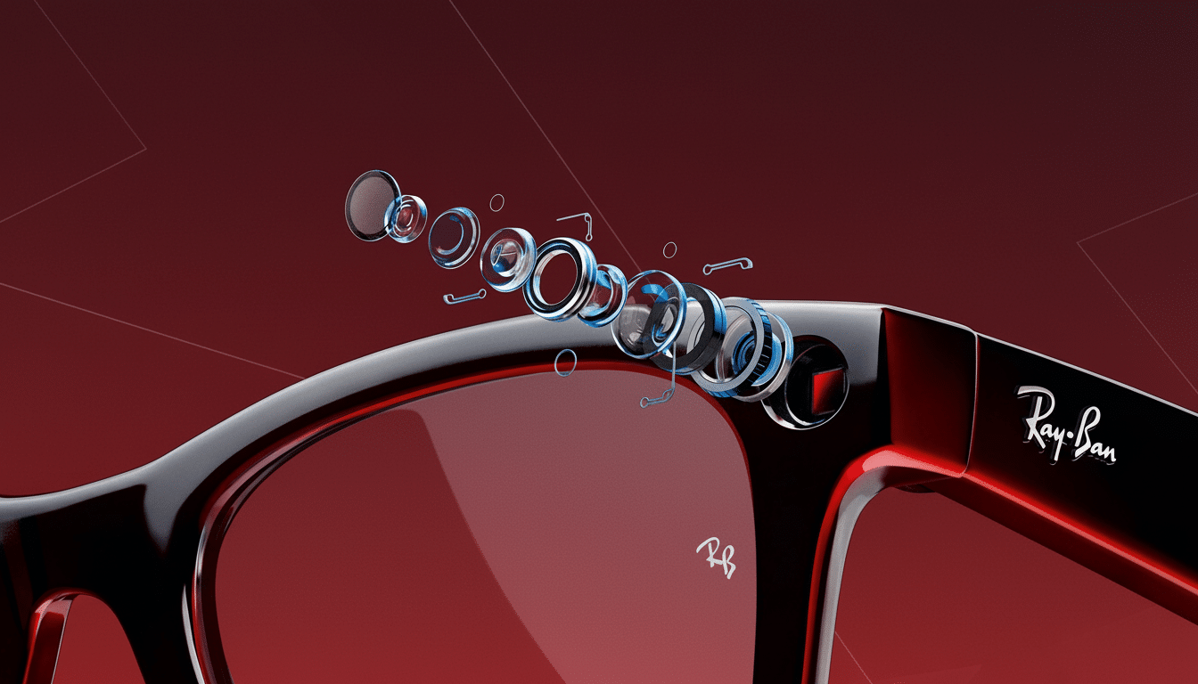 Close -up of black Ray-Ban smart glasses with an exploded view of internal camera components on a dark red background.