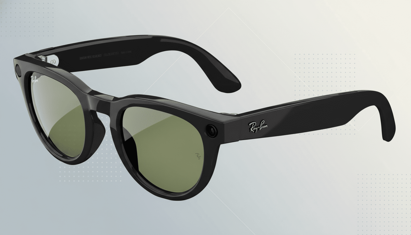 Black Ray -Ban smart glasses with green lenses, presented on a subtle grey and white patterned background.