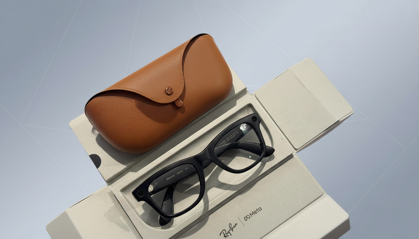 Black Ray -Ban Meta smart glasses with a brown leather case, presented in their original packaging.