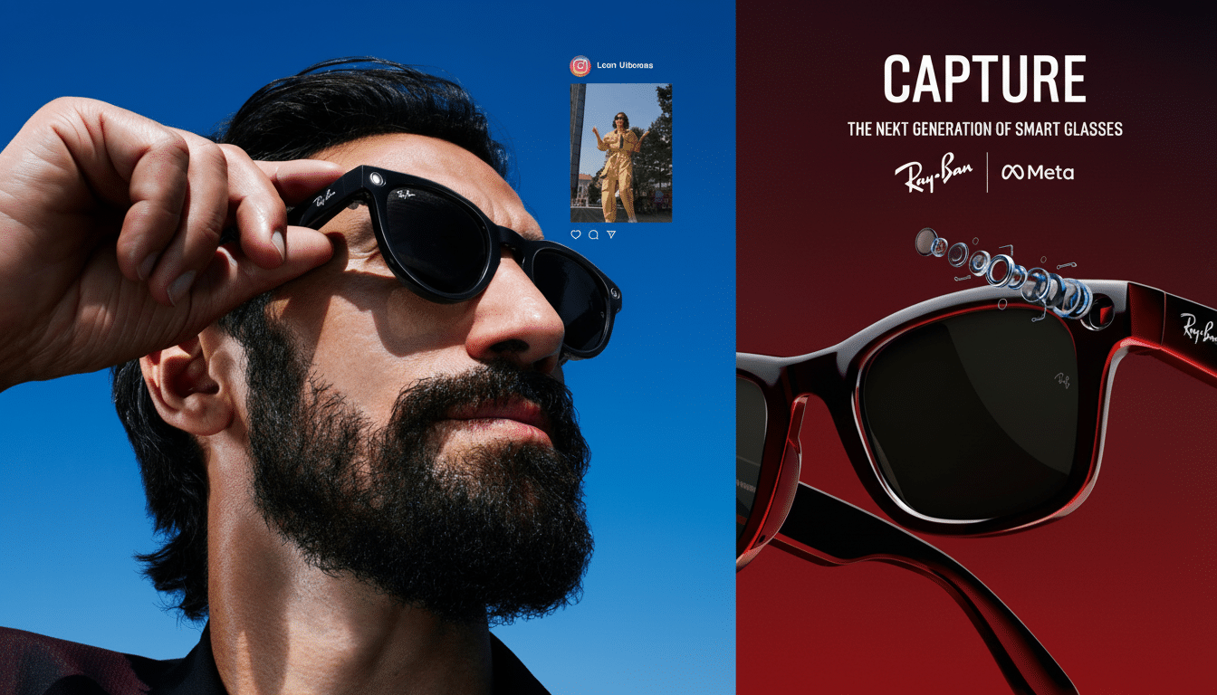 A split image showing a man wearing smart glasses and a close -up of the Ray -Ban Meta smart glasses with CAPTURE THE NEXT GENERATION OF SMART GLASSES text and logos .