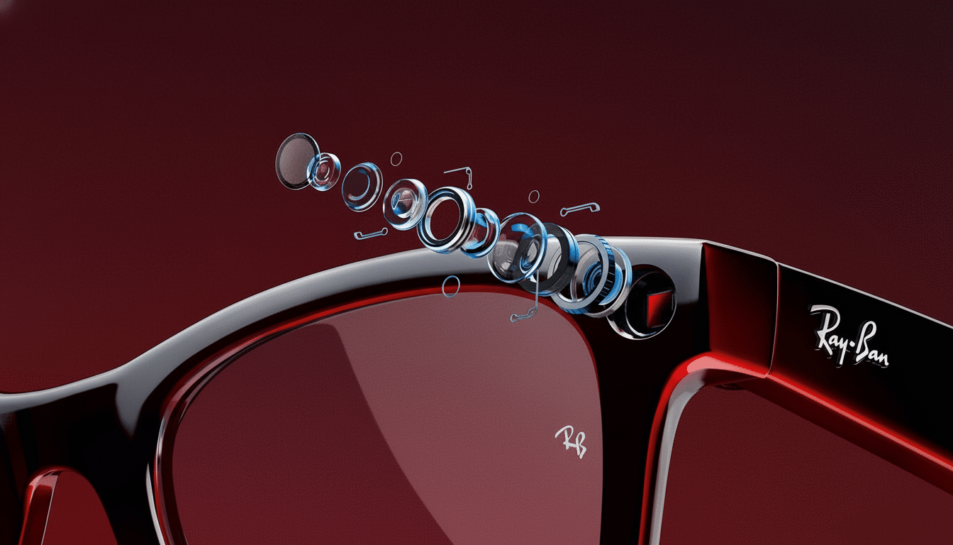 Close -up of black Ray-Ban smart glasses with internal camera components exploded out of the frame, set against a deep red background.
