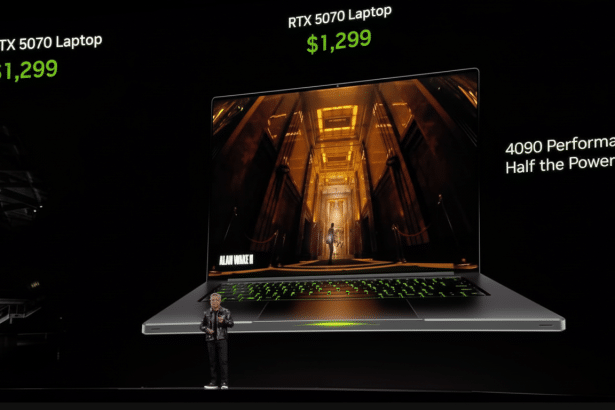 A professional presentation image of an RTX 50 70 laptop, priced at , 299, with text indicating 4090 Performance, Half the Power. A speaker stands below the large laptop graphic on a stage .