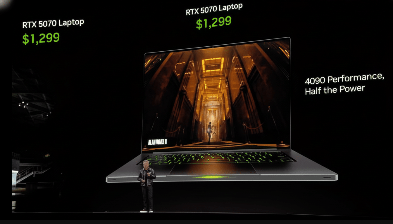 A professional presentation image of an RTX 50 70 laptop, priced at , 299, with text indicating 4090 Performance, Half the Power. A speaker stands below the large laptop graphic on a stage .