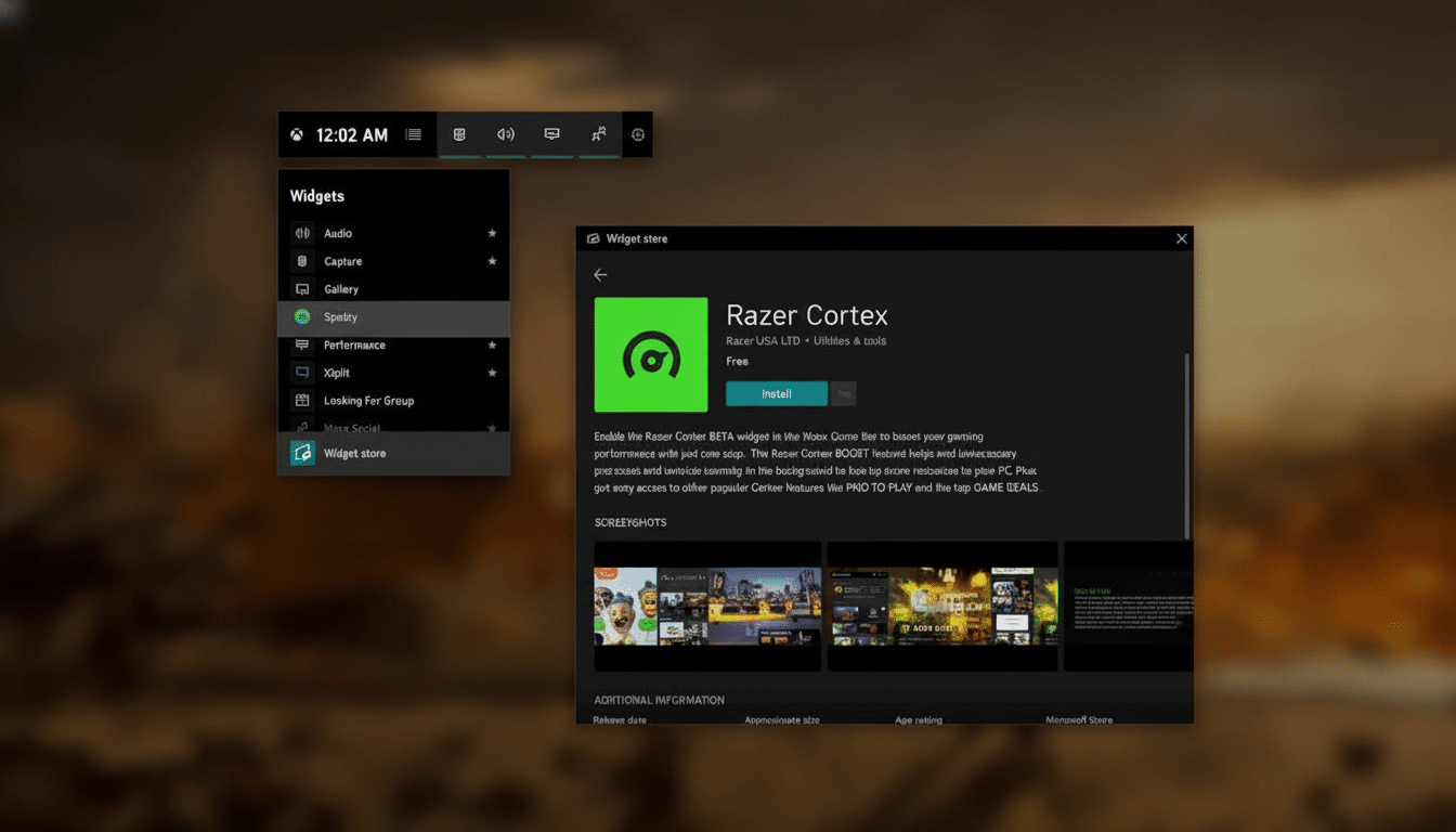 Screenshot of the Razer Cortex app page within the Xbox Game Bar s widget store, showing app details and screenshots against a blurred desktop backgro