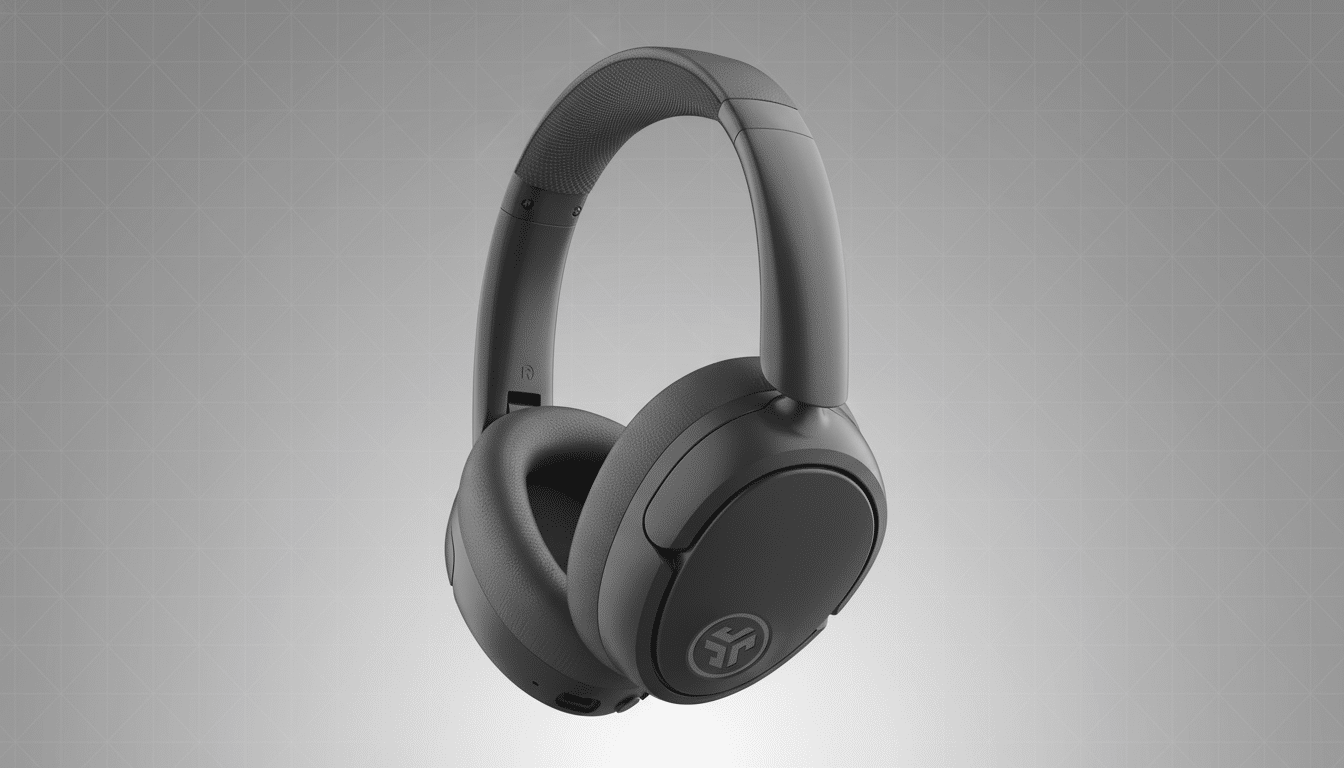 A pair of sleek, dark gray over-ear headphones with a subtle logo on the e arcup, presented against a professional flat gray background with a soft geometric pattern.