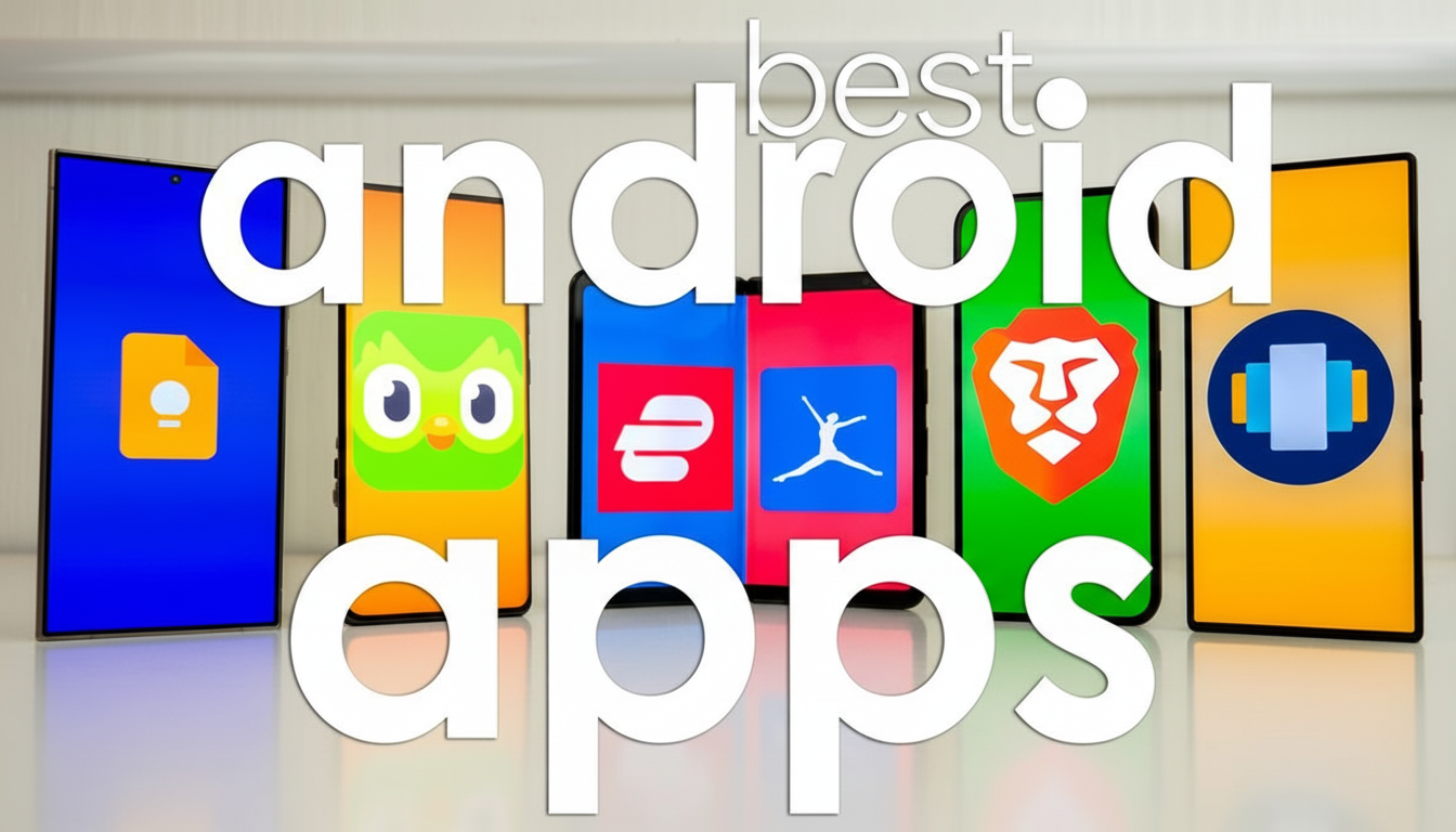 A row of six smartphones displaying various app icons, with the words best android apps overlaid in large white letters.