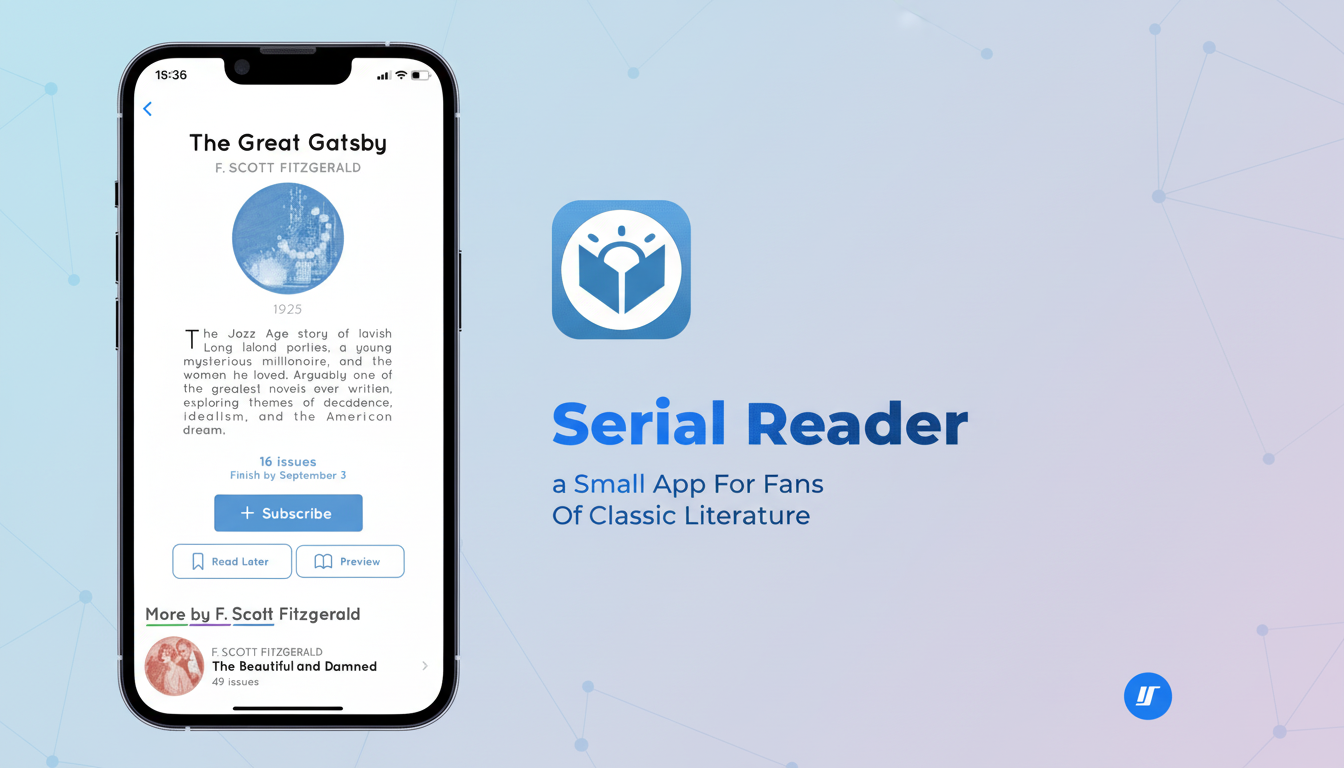 A mobile phone displaying The Great Gatsby on the Serial Reader app, with the apps logo and title next to it, all set against a professional flat design background with soft patterns.