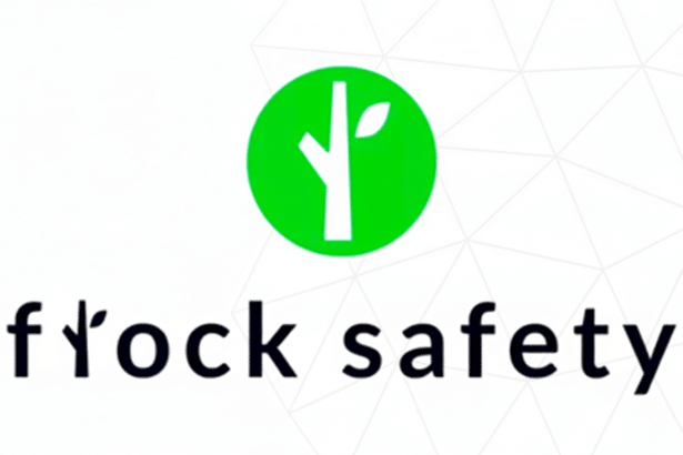 The Flock Safety logo, featuring a green circle with a stylized white tree- like icon above the word fl ock safety in black, is presented on a clean white background with a subtle, light gray geometric pattern in the bottom right corner .