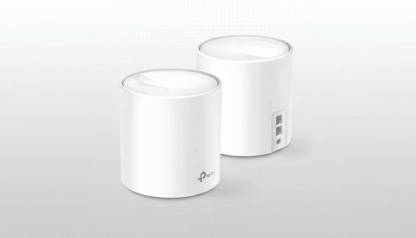 A professional image of two white cylindrical TP-Link Deco mesh Wi-Fi units on a subtle grey background with a dotted pattern.