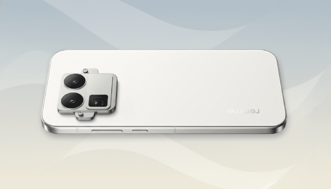 The Realme 12 Pro+ features a high- end camera system with three lenses arranged in a triangular con