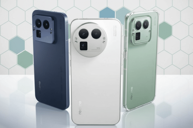 ** Three Realme smartphones , blue , white, and green, displayed on a clean professional background with subtle geometric patterns. **