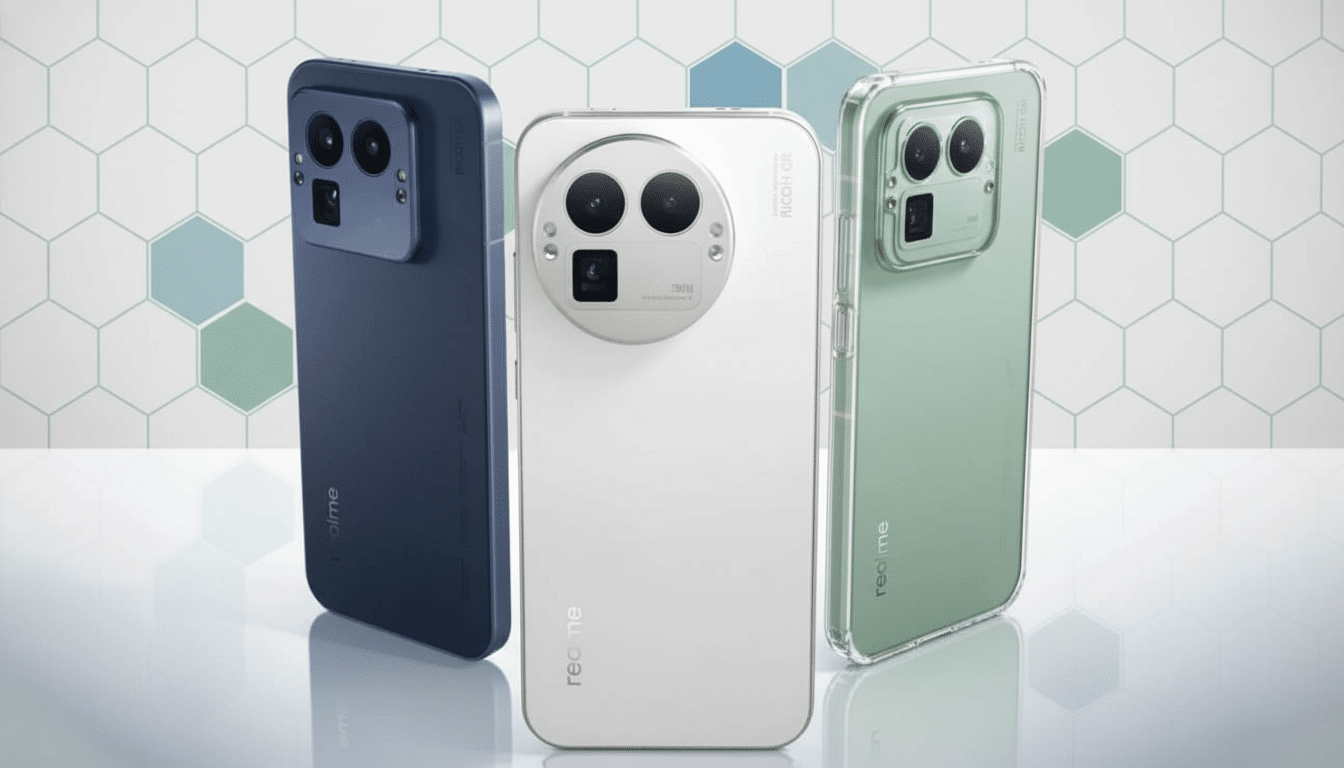 ** Three Realme smartphones , blue , white, and green, displayed on a clean professional background with subtle geometric patterns. **