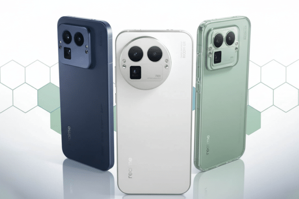 Three Realme smartphones , one dark blue, one white , and one light green, displayed professionally with a subtle hexagonal pattern in the background .