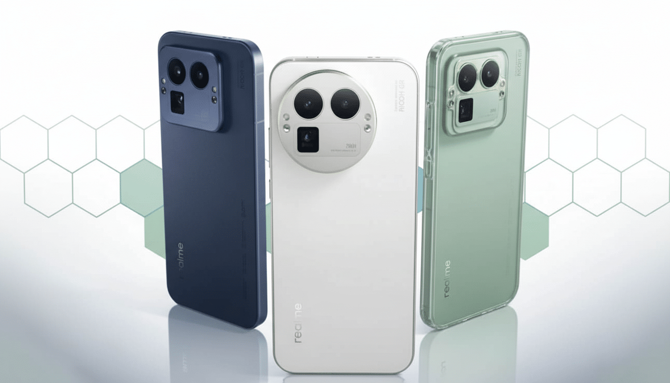 Three Realme smartphones , one dark blue, one white , and one light green, displayed professionally with a subtle hexagonal pattern in the background .