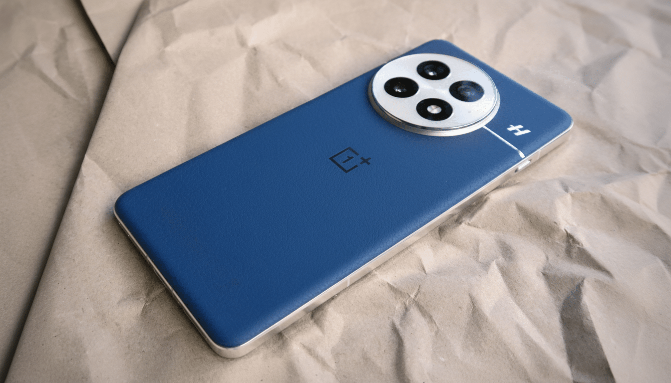 A blue smartphone with a circular camera module on a brown crumpled paper background, resized to a 16: 9 aspect ratio.