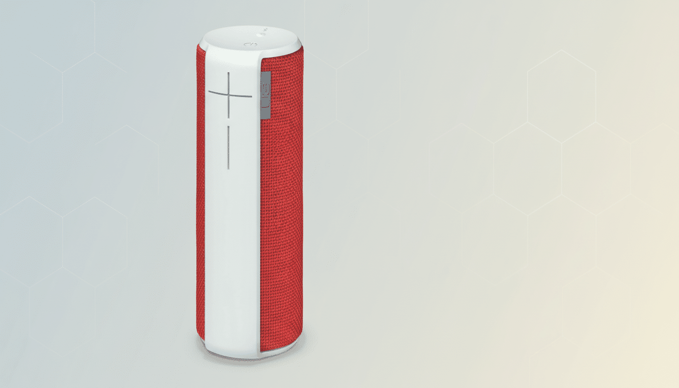 A red and white cylindrical portable speaker, enhanced and placed against a professional flat background with soft , light grey hexagonal patterns and a subtle gradient.