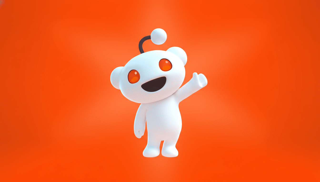 The Reddit mascot, Snoo , a white alien -like character with orange eyes and an antenna , stands against a vibrant orange background, giving a thumbs-up gesture . The image is professionally enhanced and resized to a 16:9 aspect ratio.