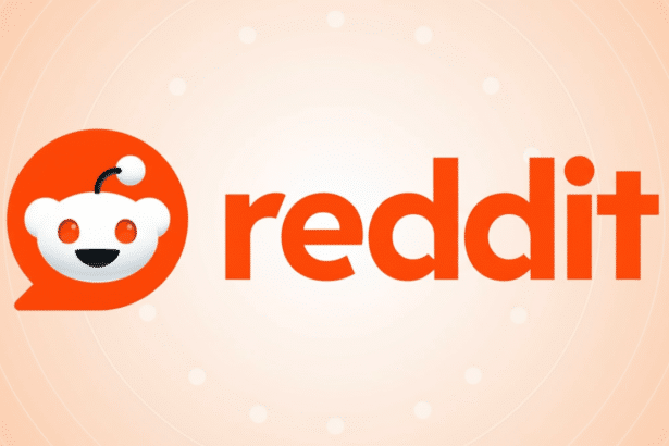 Reddit logo with a professional flat design background featuring soft patterns and gradients.