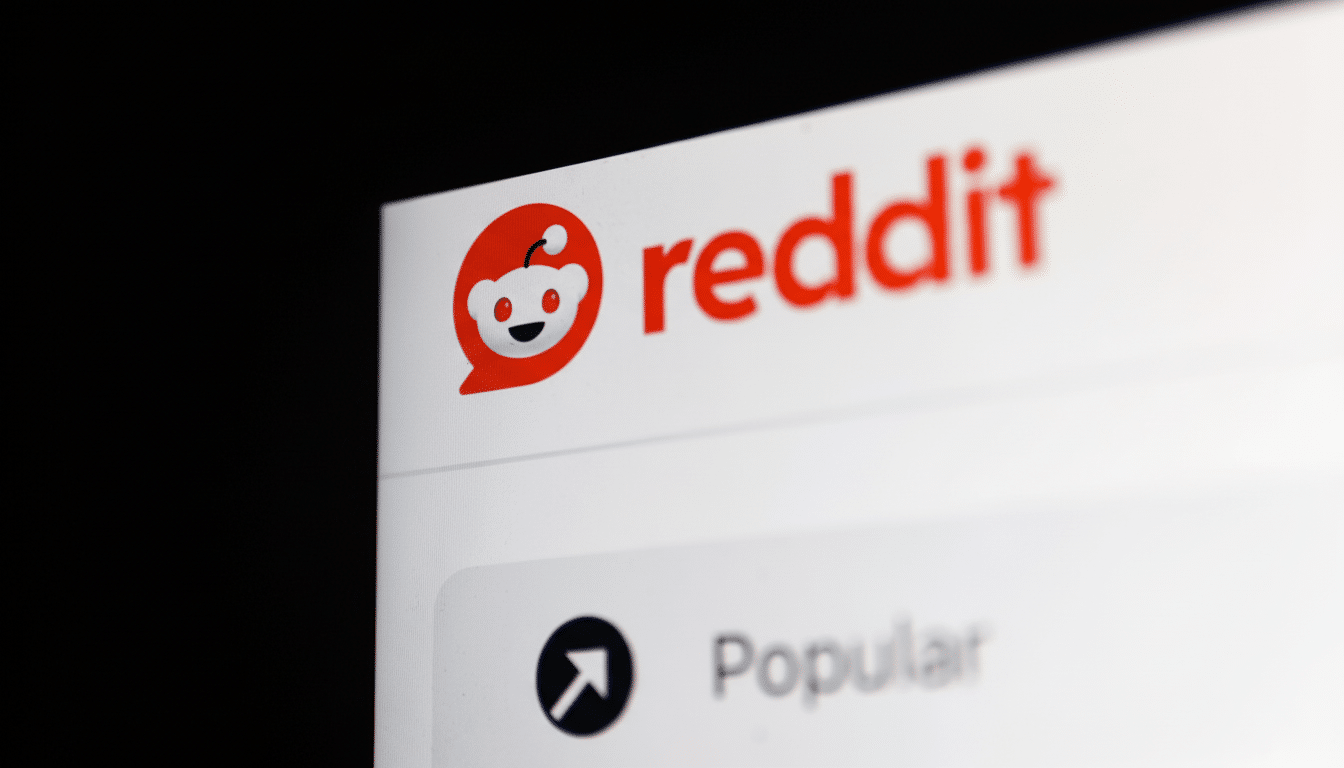 A close -up shot of the Reddit logo and the word Popular on a screen, with a black background on the left.