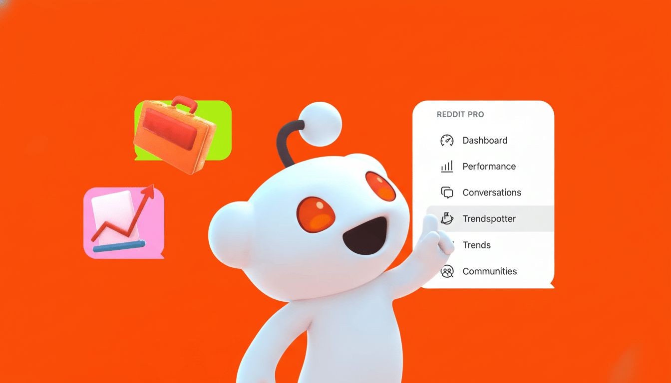 Reddit s Snoo mascot pointing to a Trend spotter option in a Reddit Pro menu, with a briefcase and an upward trending graph icon floating in speech bu
