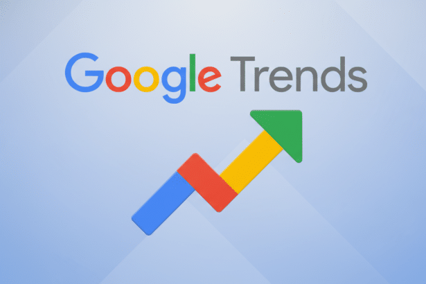 The Google Trends logo on a subtle blue- grey gradient background with light geometric patterns, resized to a 1 6:9 aspect ratio. The logo features the word Google in its classic colorful lettering and Trends in grey text, above a colorful, upward- pointing arrow graph .