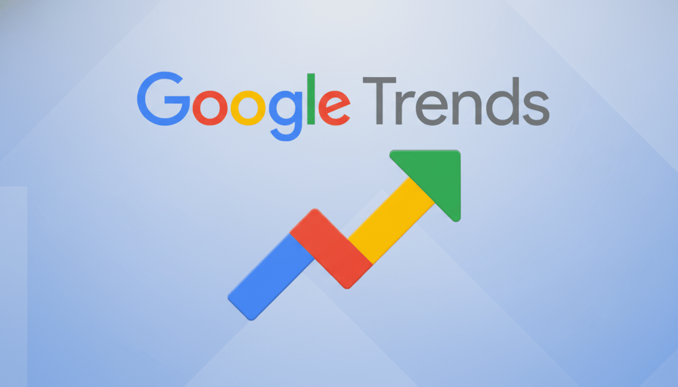 The Google Trends logo on a subtle blue- grey gradient background with light geometric patterns, resized to a 1 6:9 aspect ratio. The logo features the word Google in its classic colorful lettering and Trends in grey text, above a colorful, upward- pointing arrow graph .